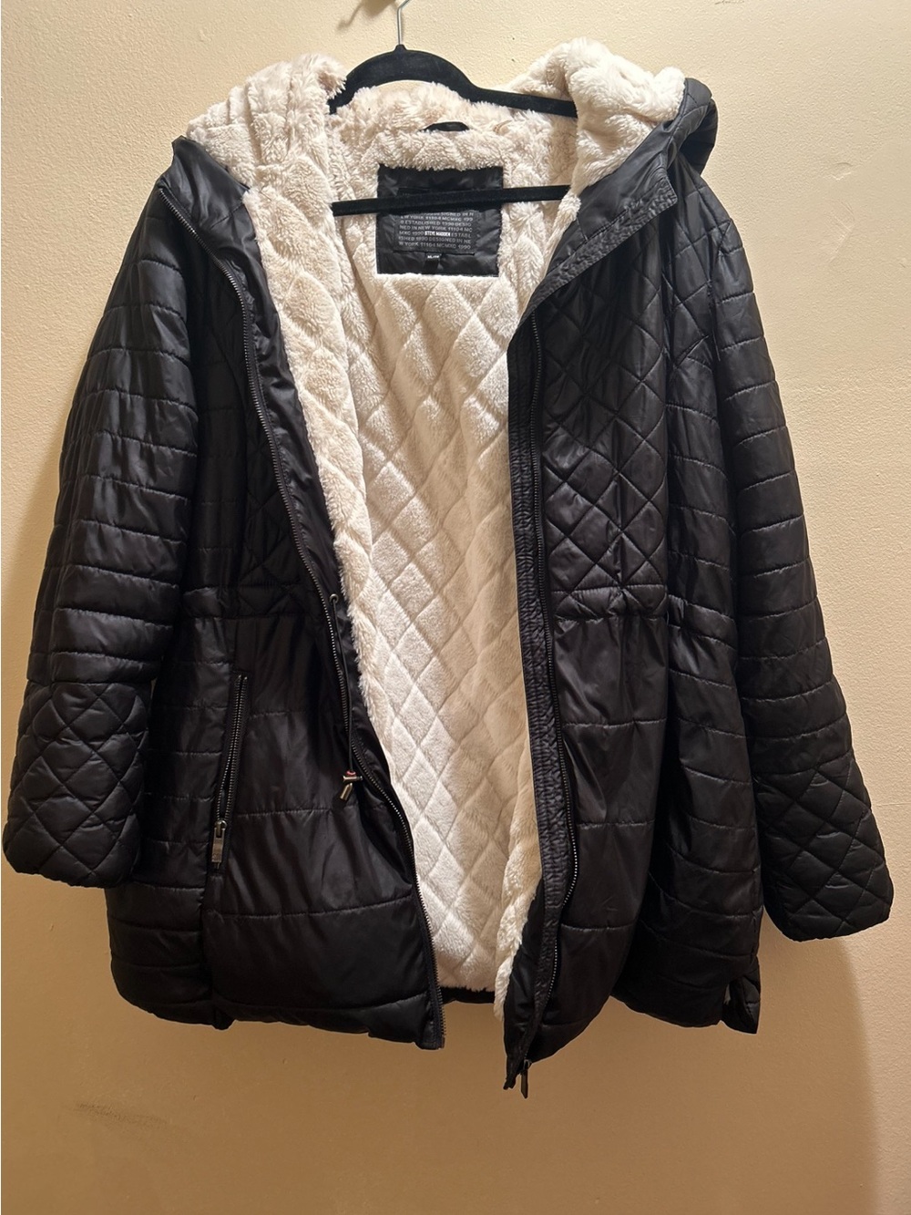 Steve Madden Black Quilted Hooded Puffer with Cream Sherpa Lining